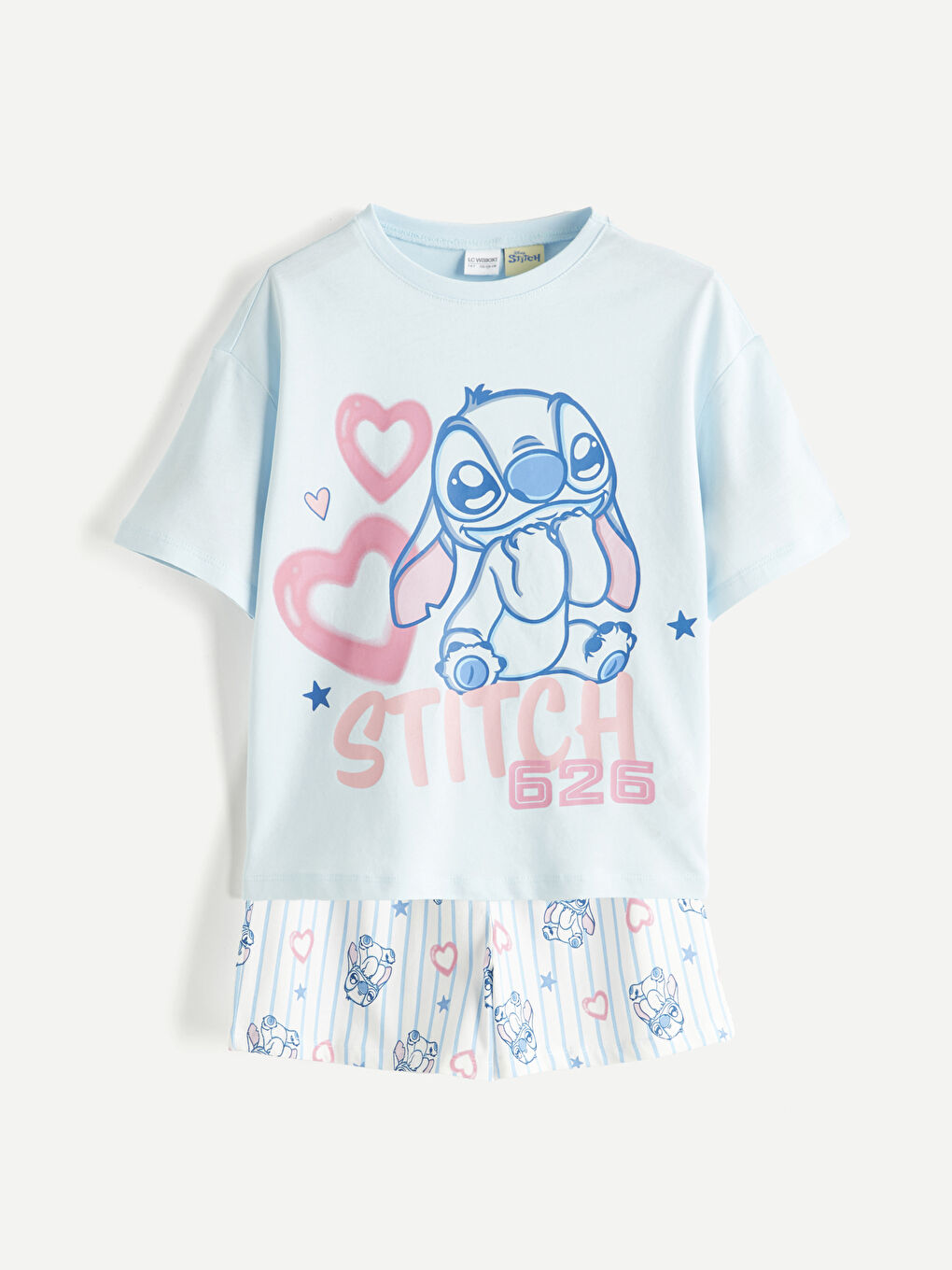 Mavi Kız Çocuk Stitch Baskılı Şortlu Pijama Takımı