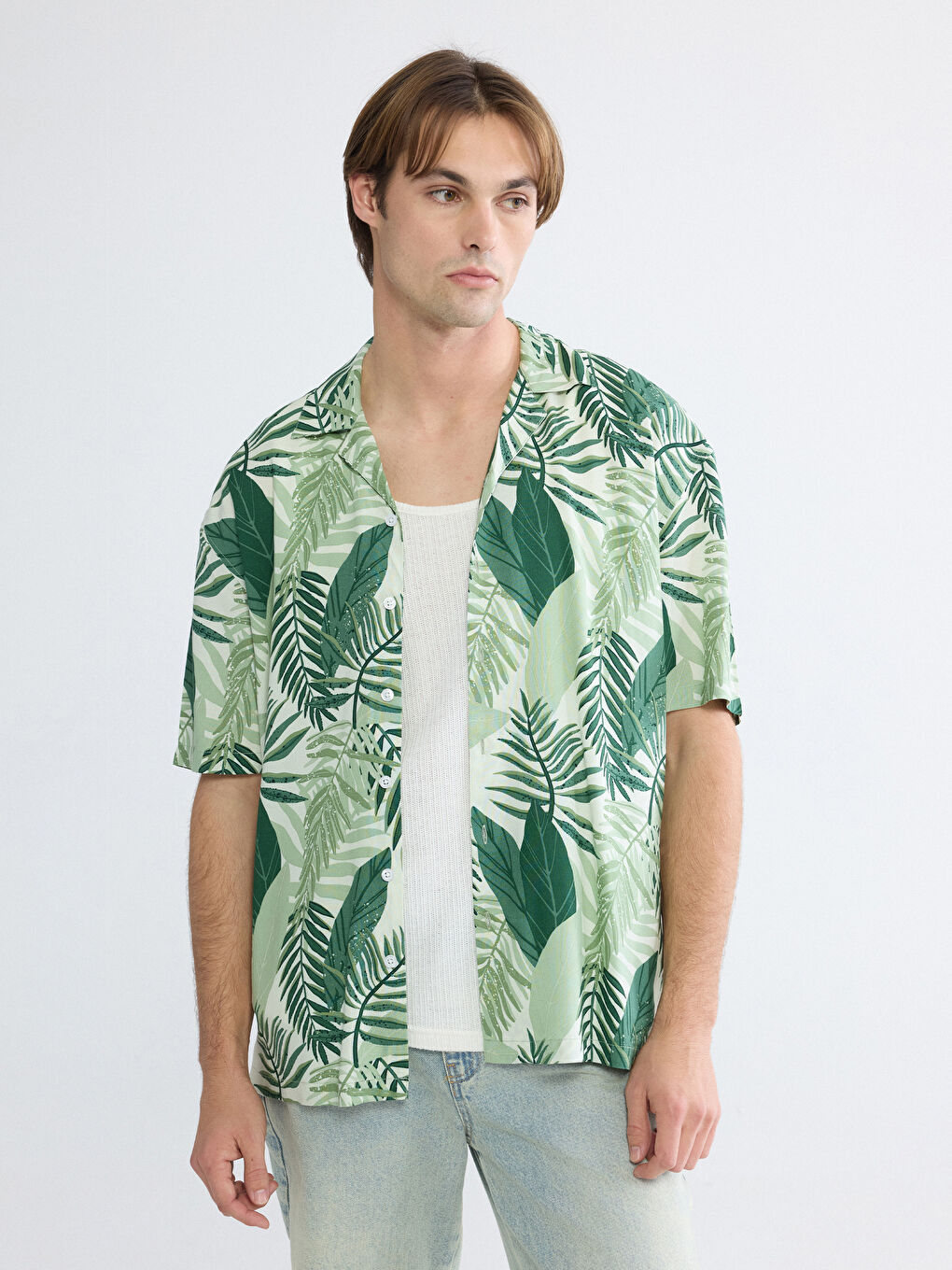 Loose Fit Camp Collar Patterned Viscose Men's Shirt