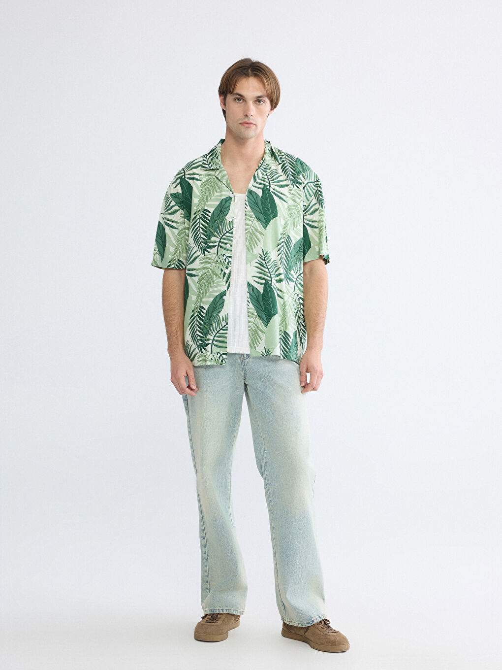 Loose Fit Camp Collar Patterned Viscose Men's Shirt-1