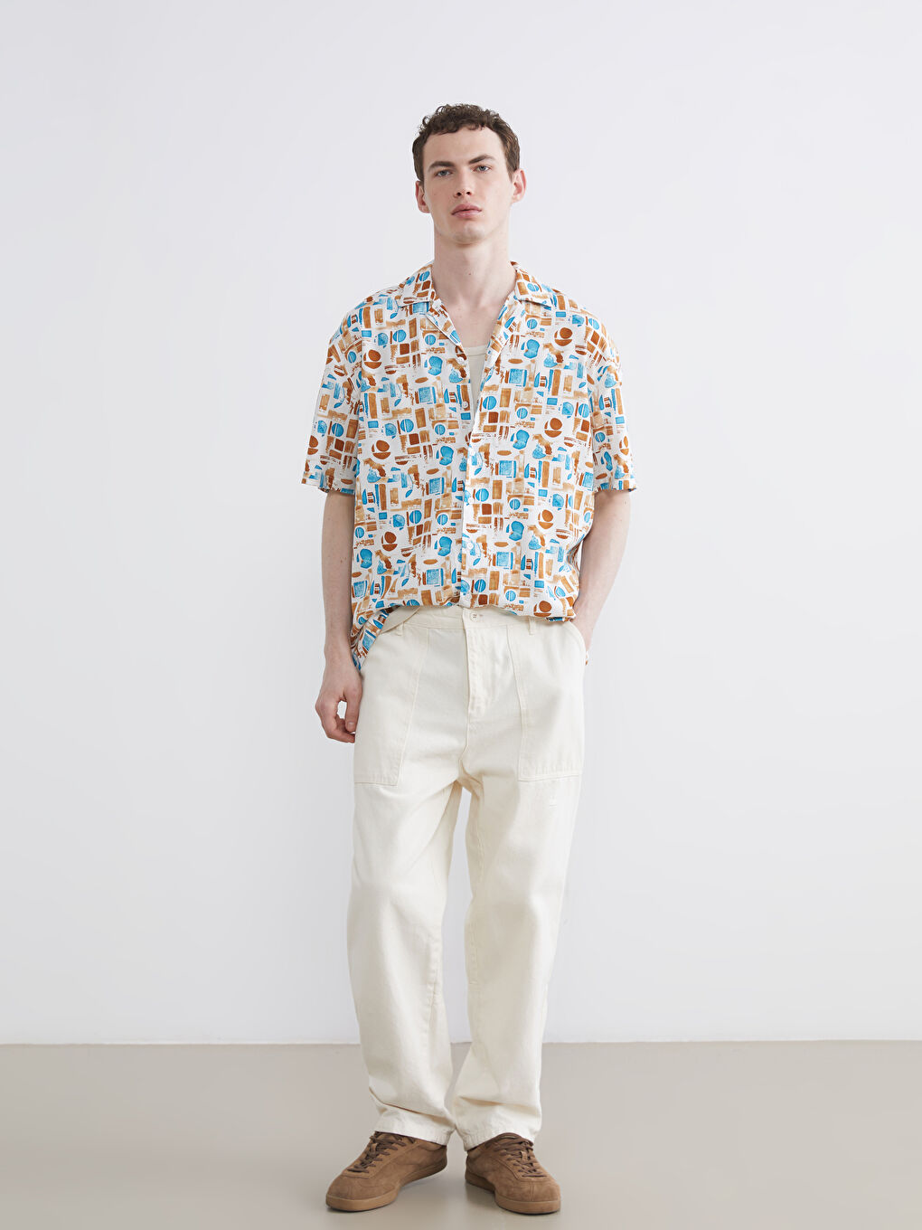 Loose Fit Camp Collar Patterned Viscose Men's Shirt-1