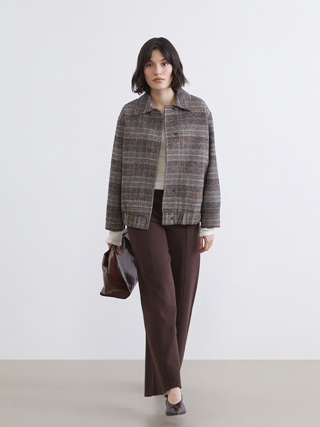 ياقة قميص كاروهات جواكت نساء صوف-1