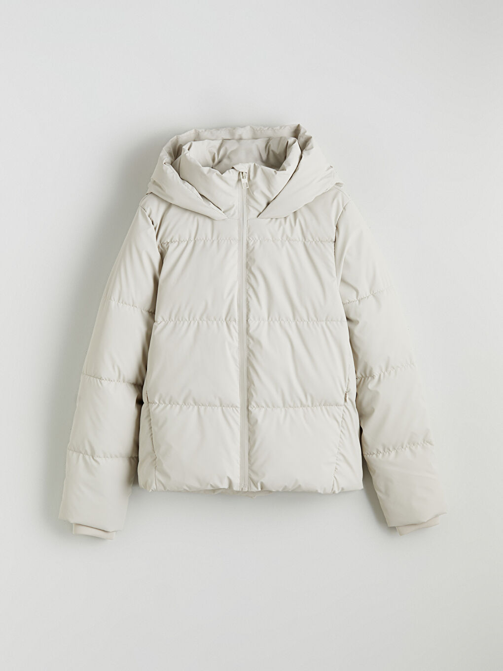 Bej Kapüşonlu Kadın Şişme Mont-5