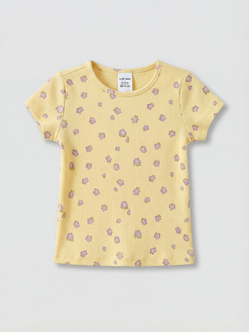Тениска с кръгло деколте с флорален десен от оребрена материя за момичета-1