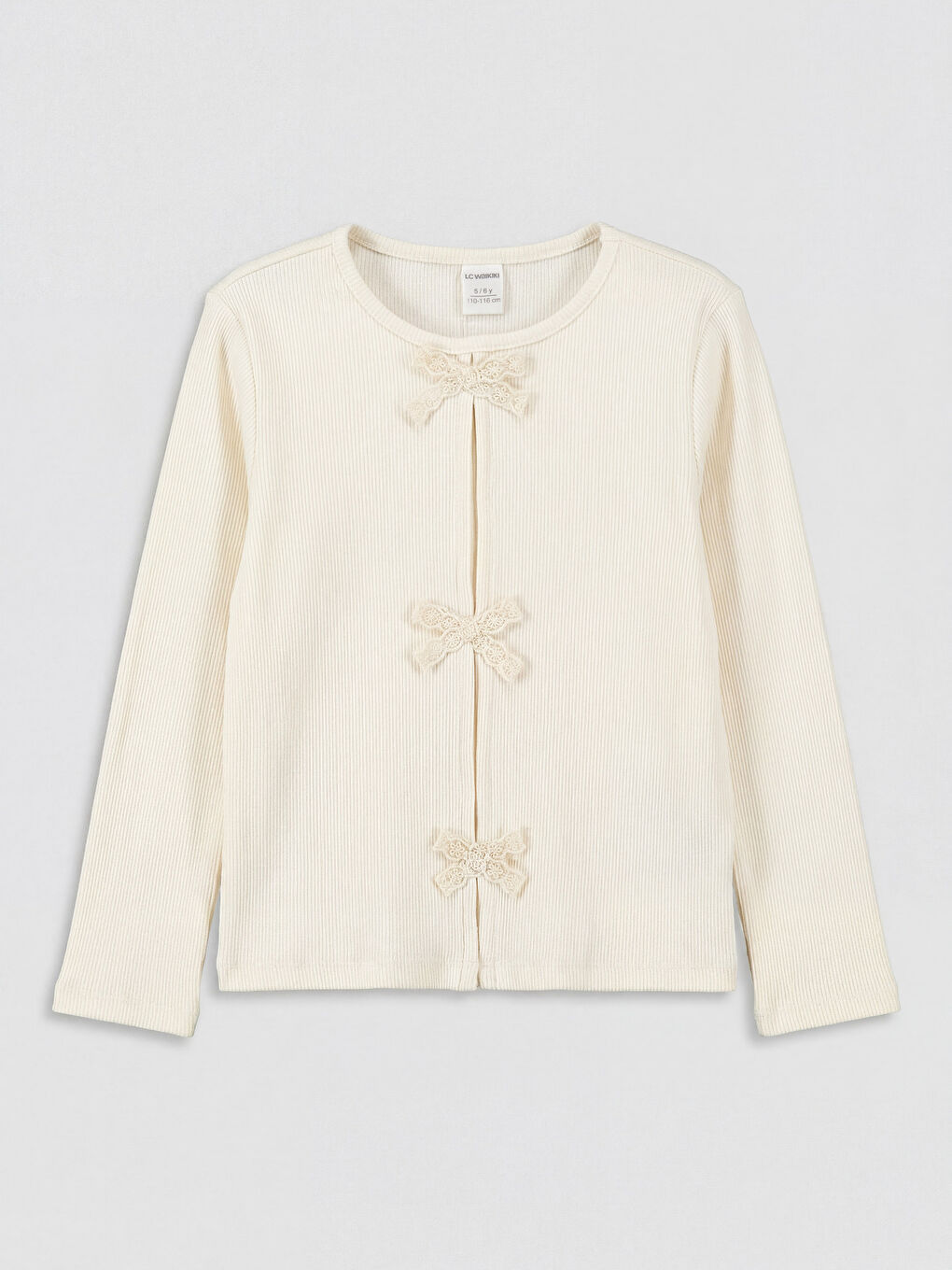 Ekru Bisiklet Yaka Fiyonk Detaylı Kız Çocuk Tişört