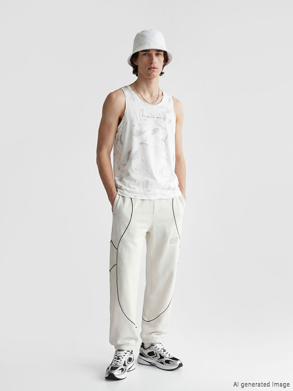 Beyaz Bisiklet Yaka Baskılı Erkek Kolsuz Tişört-1