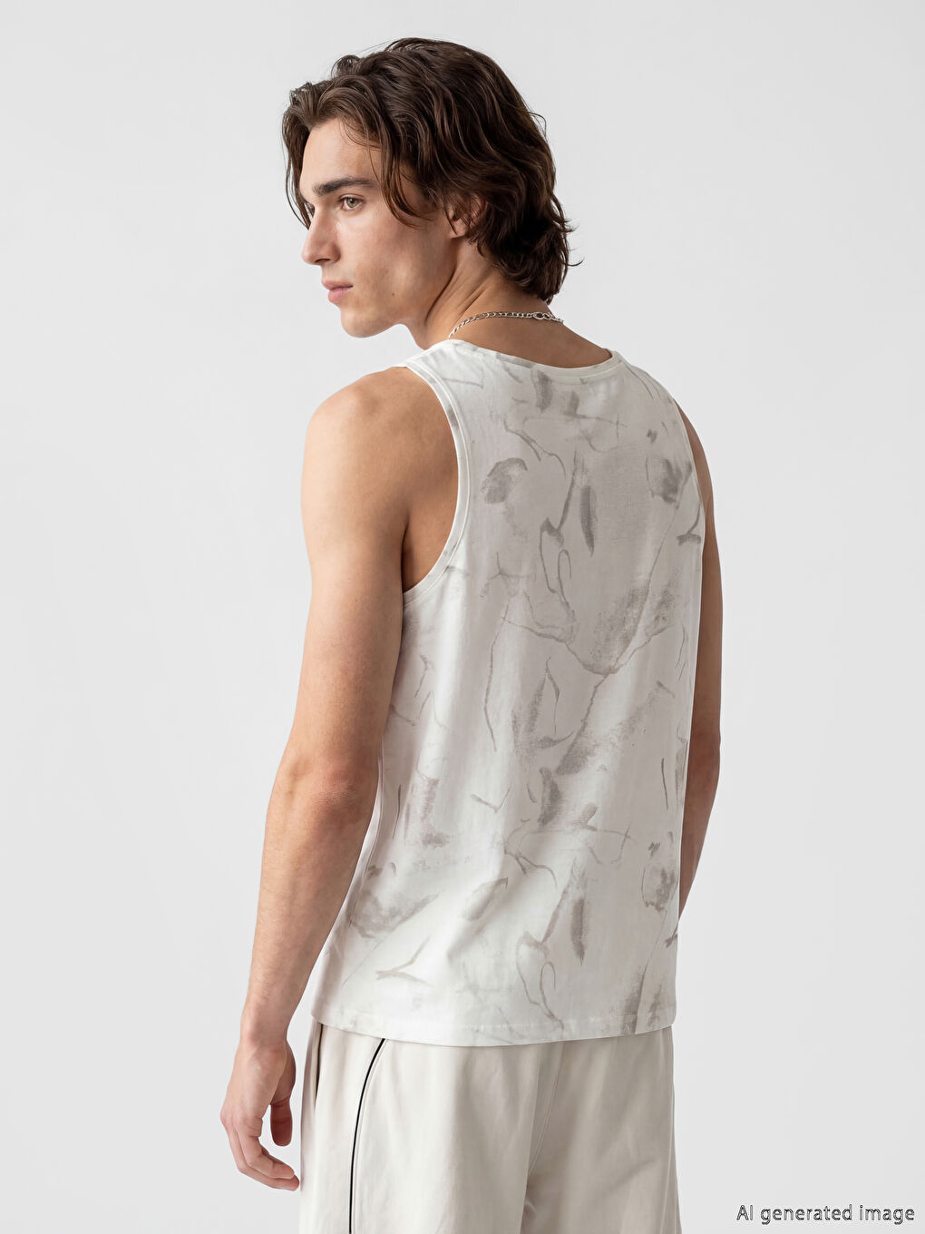 Beyaz Bisiklet Yaka Baskılı Erkek Kolsuz Tişört-2