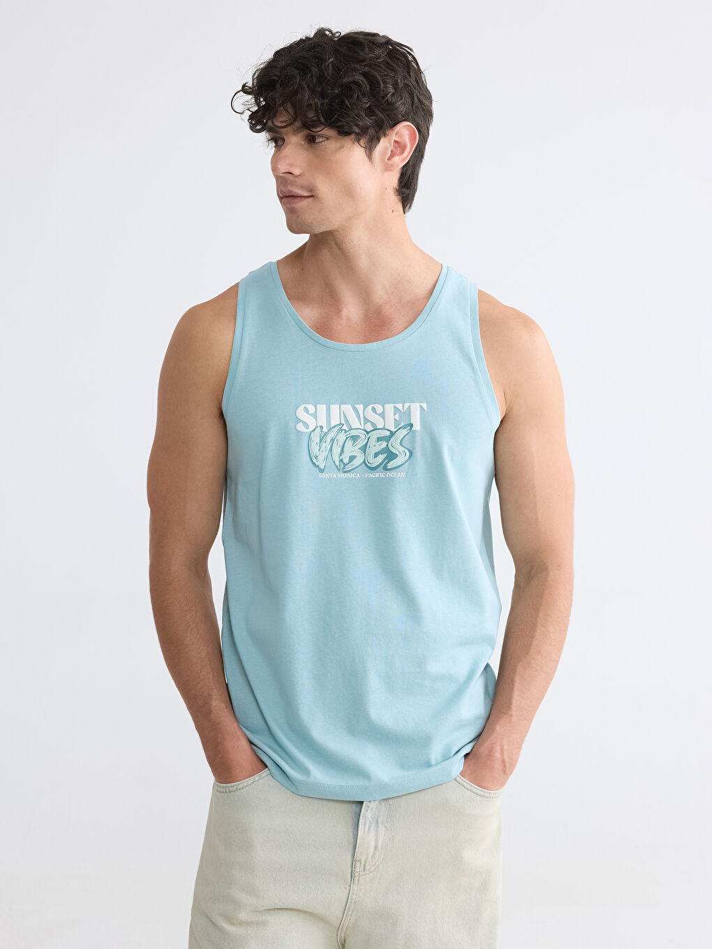 Mavi Bisiklet Yaka Baskılı Erkek Kolsuz Tişört