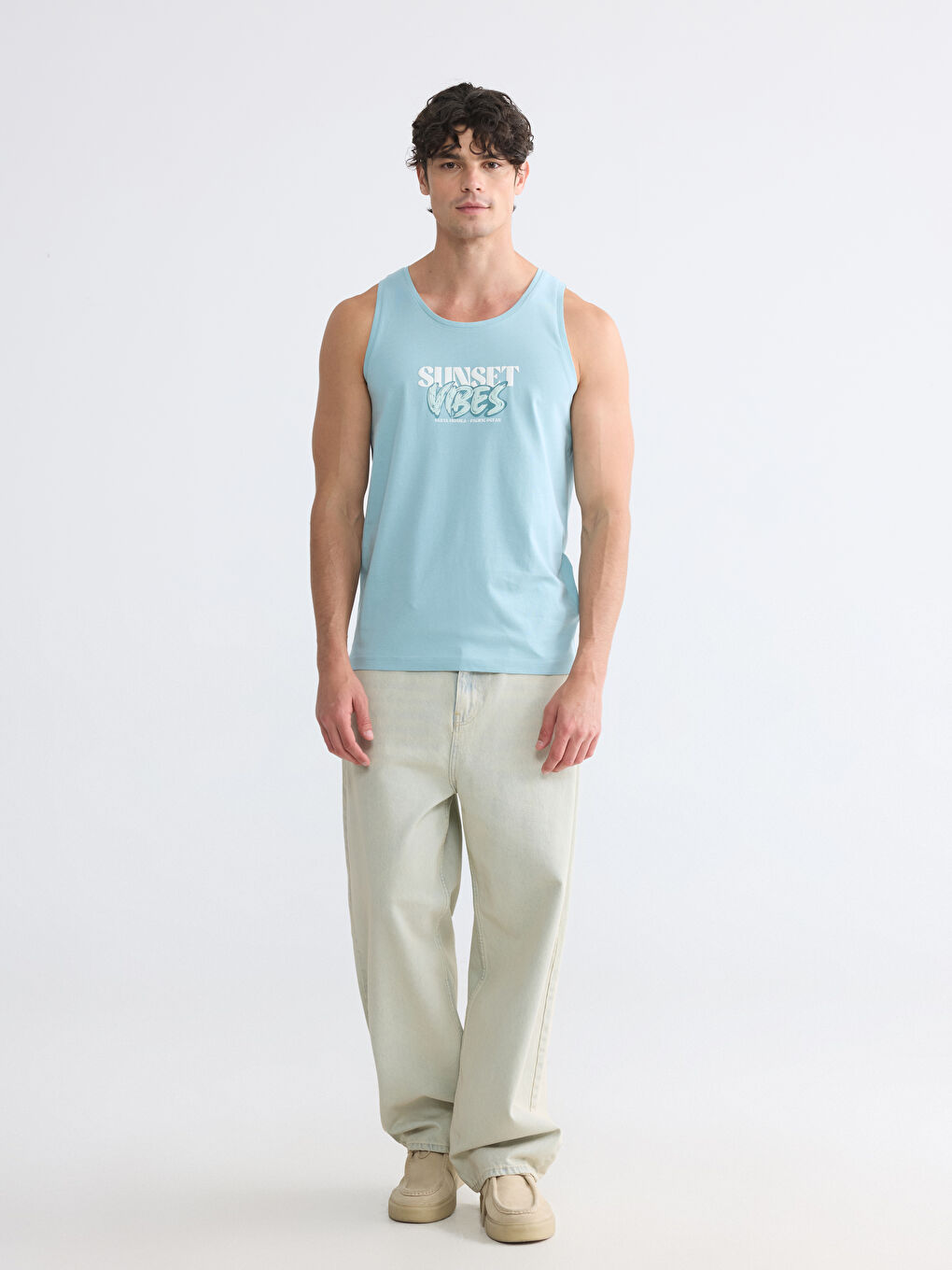 Mavi Bisiklet Yaka Baskılı Erkek Kolsuz Tişört-1