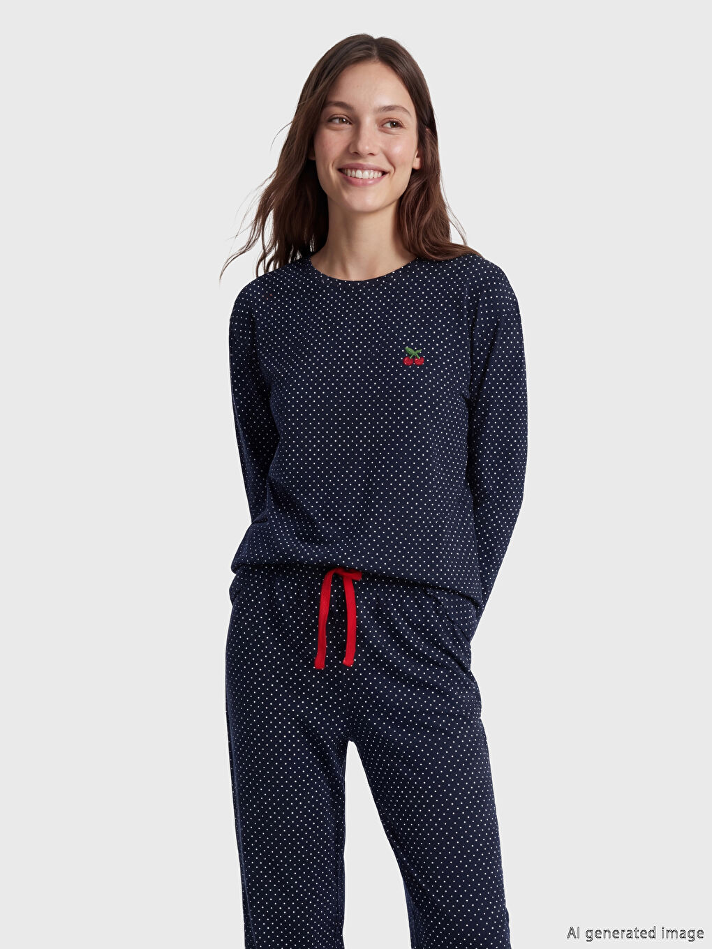 Lacivert Bisiklet Yaka Puantiyeli Kadın Pijama Takım-1