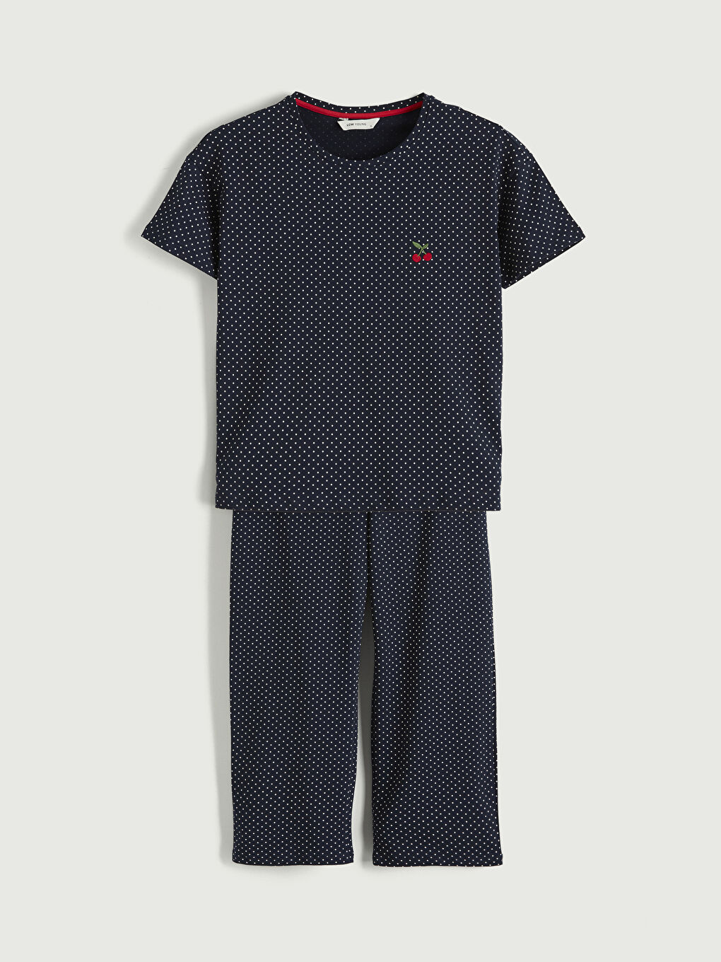 Lacivert Bisiklet Yaka Kiraz Nakışlı Kadın Pijama Takım