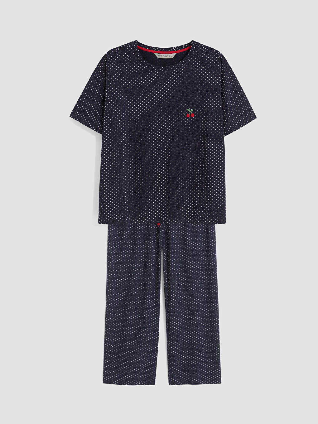 Lacivert Bisiklet Yaka Kiraz Nakışlı Kadın Pijama Takım-4