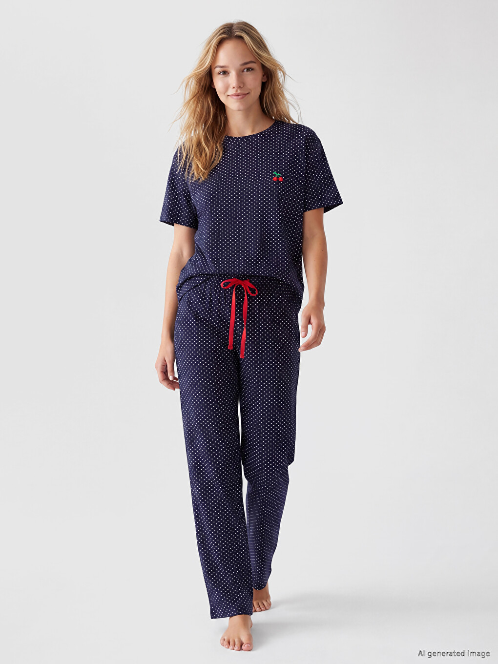 Lacivert Bisiklet Yaka Kiraz Nakışlı Kadın Pijama Takım