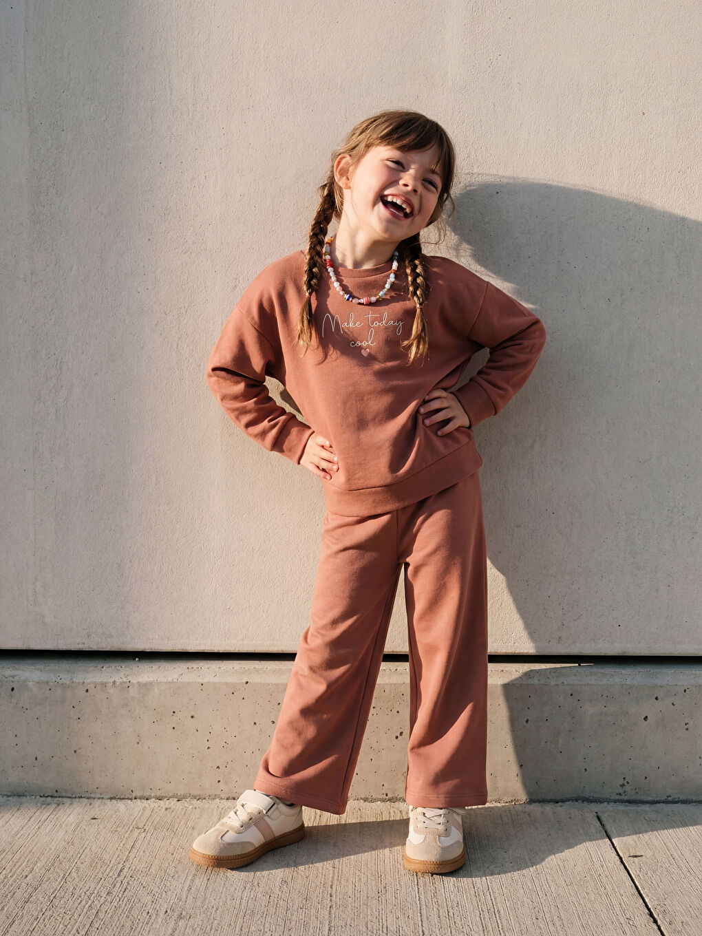 Kahverengi Kız Çocuk Soft Touch Sweatshirt ve Pantolon Takım-1