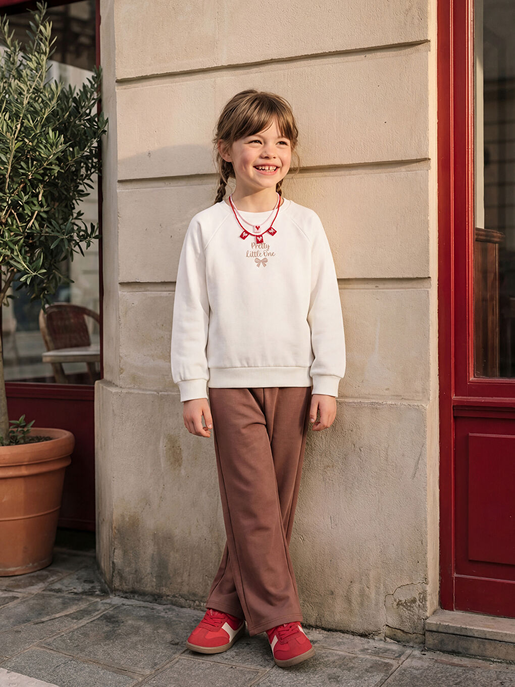 Ekru Baskılı Kız Çocuk Soft Touch Sweatshirt ve Eşofman Altı