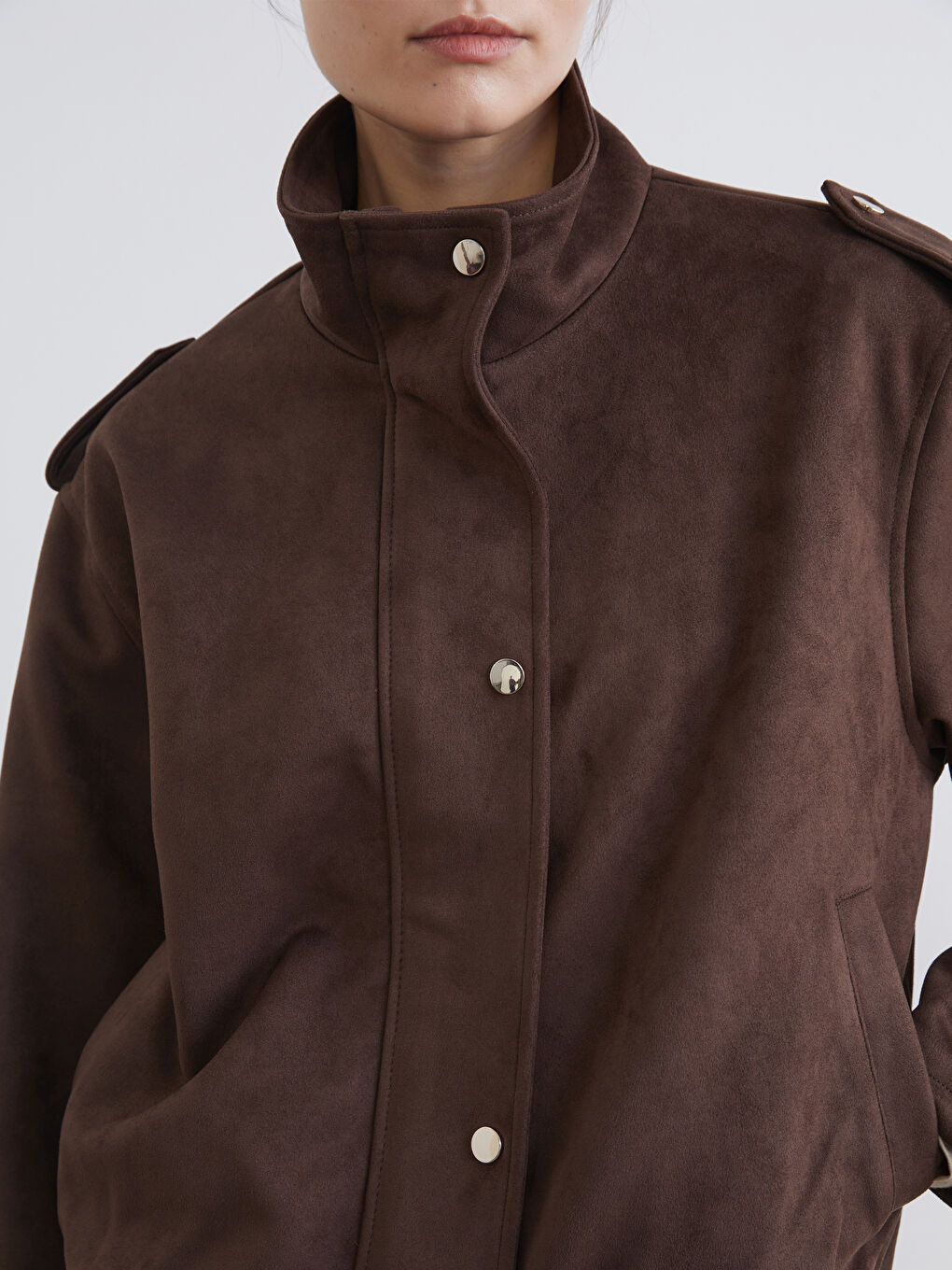 Kahverengi Dik Yaka Oversize Kadın Süet Görünümlü Ceket-2