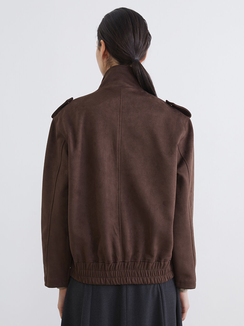 Kahverengi Dik Yaka Oversize Kadın Süet Görünümlü Ceket-4