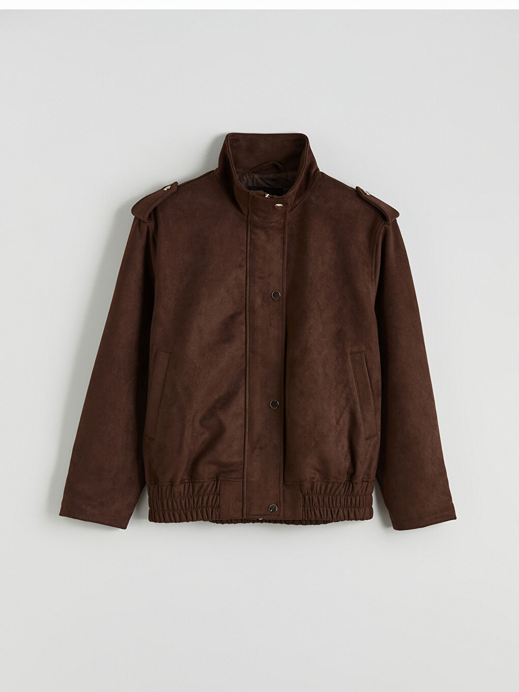 Kahverengi Dik Yaka Oversize Kadın Süet Görünümlü Ceket-5