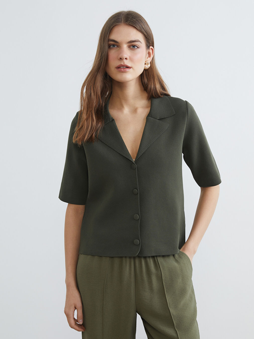 Haki Ceket Yaka Kadın Triko Hırka