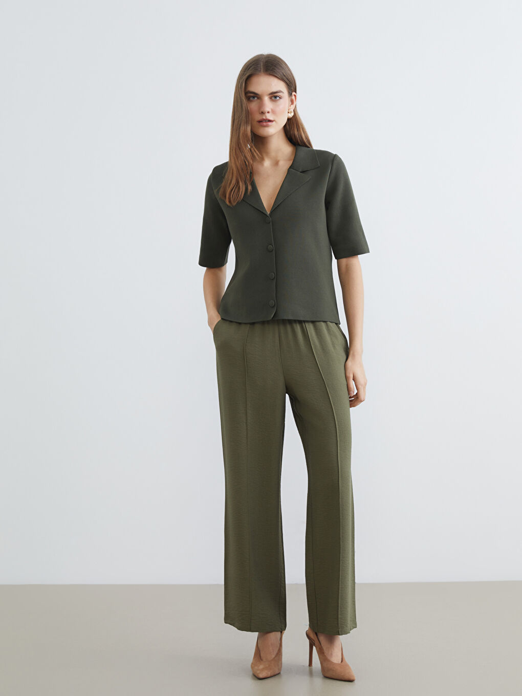 Haki Ceket Yaka Kadın Triko Hırka-1