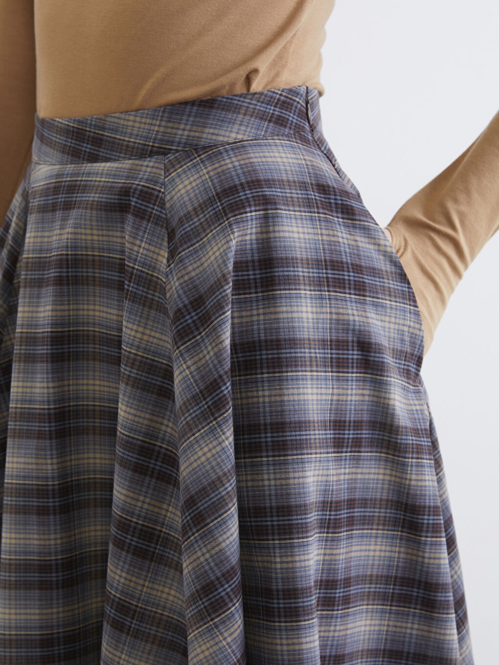 Kahverengi Beli Fermuarlı Ekose Kloş Etek-2