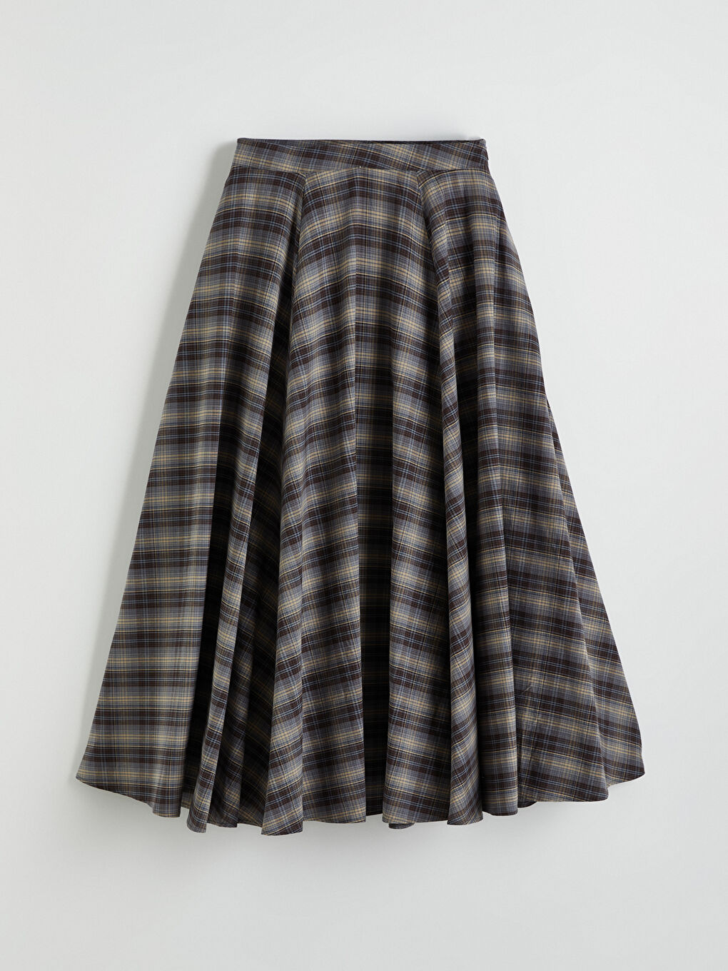 Kahverengi Beli Fermuarlı Ekose Kloş Etek-4