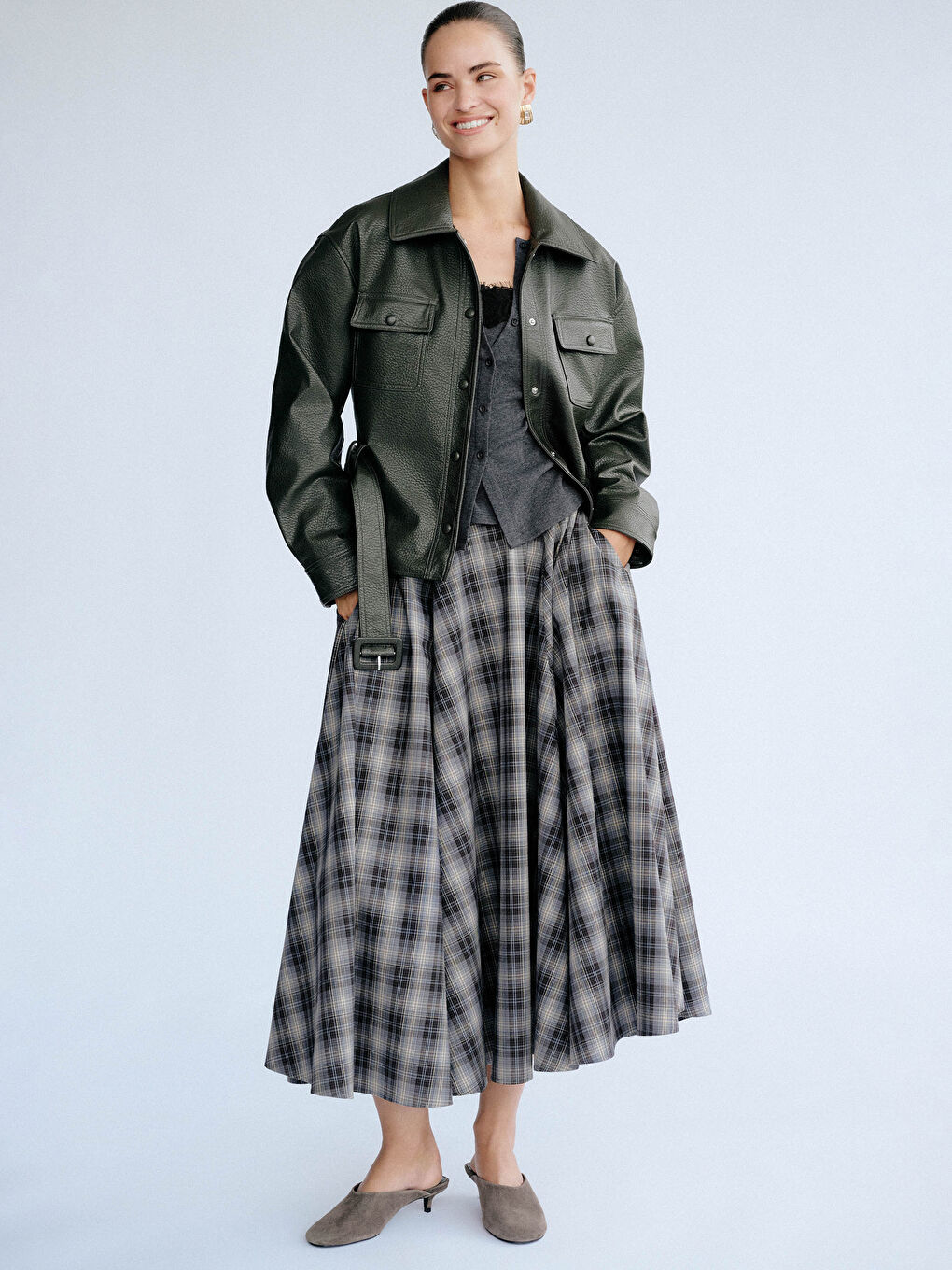 Kahverengi Beli Fermuarlı Ekose Kloş Etek