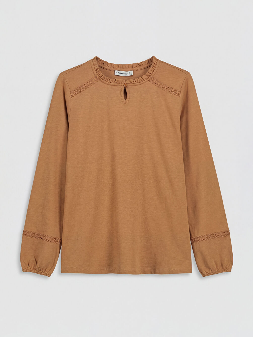 Kahverengi Bisiklet Yaka Nakışlı Bluz