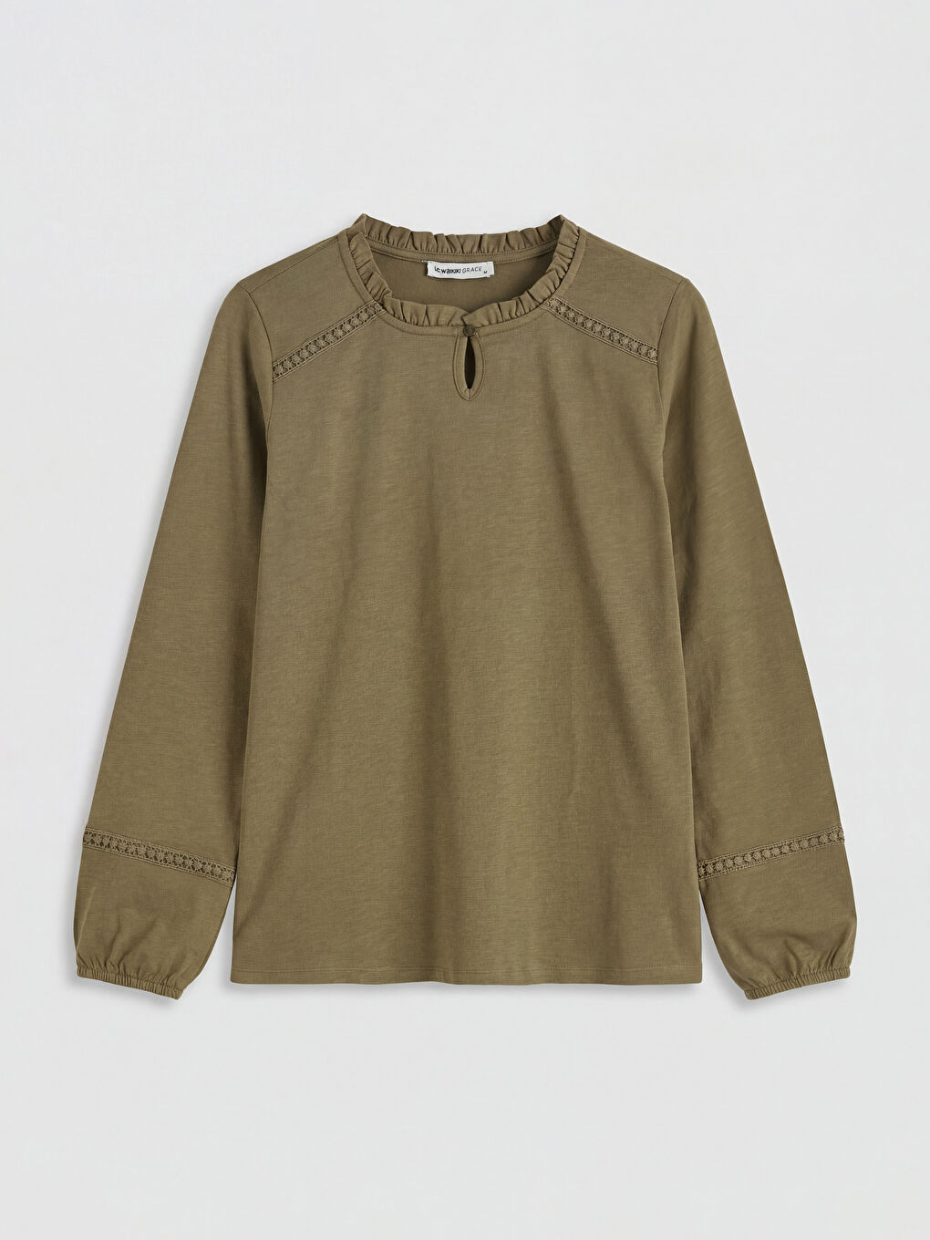 Haki Bisiklet Yaka Nakışlı Bluz