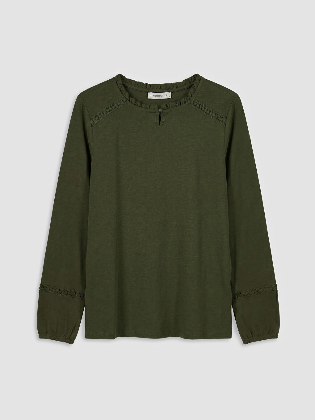 Yeşil Bisiklet Yaka Nakışlı Bluz