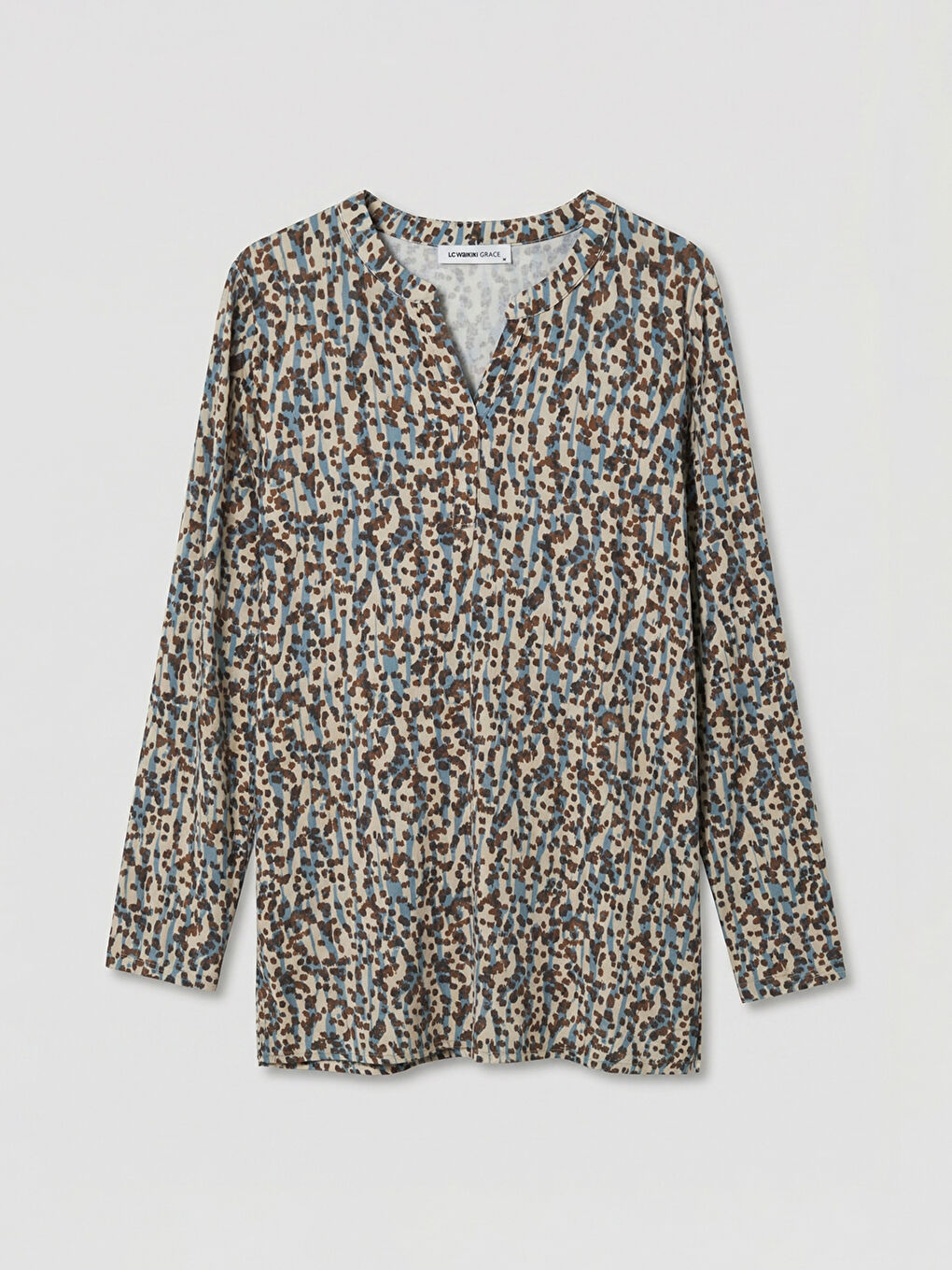 Bej Kaçık Yaka Desenli Bluz