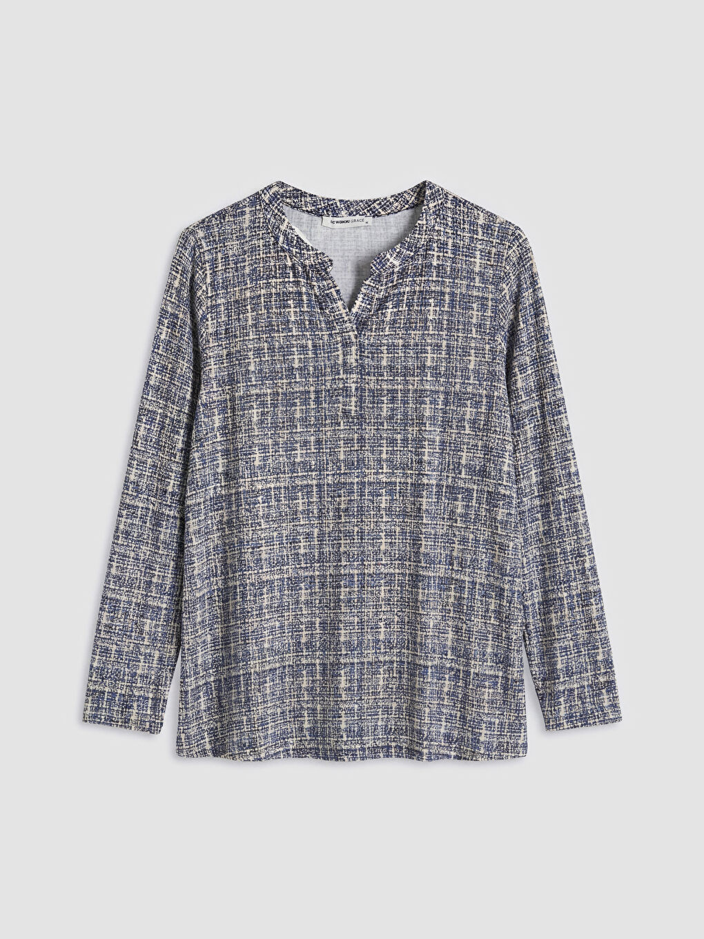 Mavi Kaçık Yaka Desenli Bluz