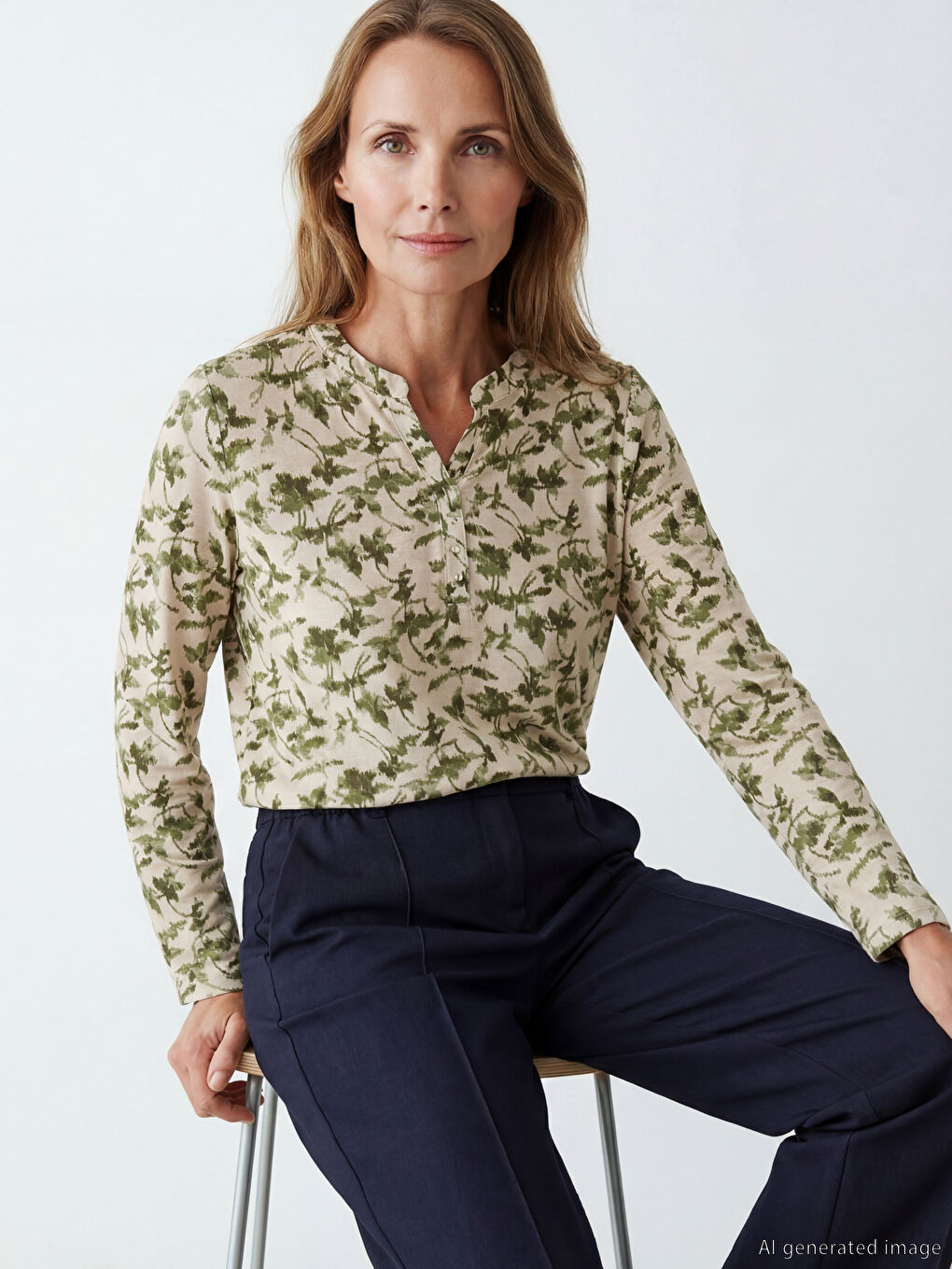 Floral blouse with an asymmetrical neckline.