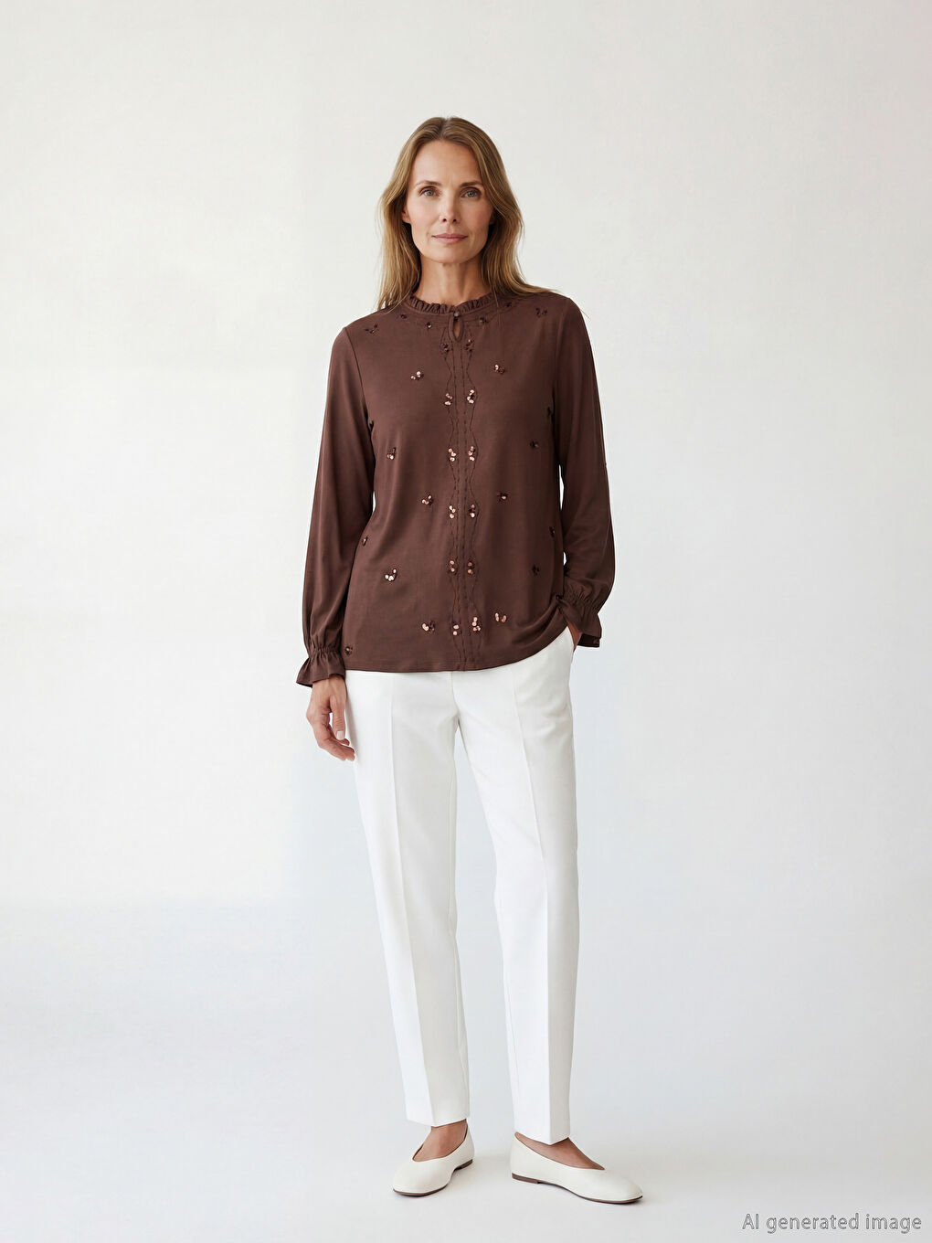 Kahverengi Fırfırlı Hakim Yaka Pul Payetli Bluz-1