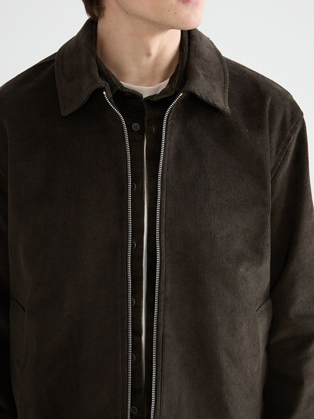 Haki Standart Kalıp Gömlek Yaka Kadife Erkek Mont-2