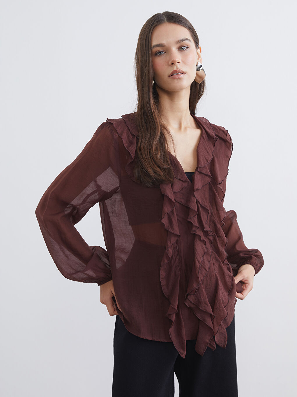 V Neck Frilled Chiffon Blouse