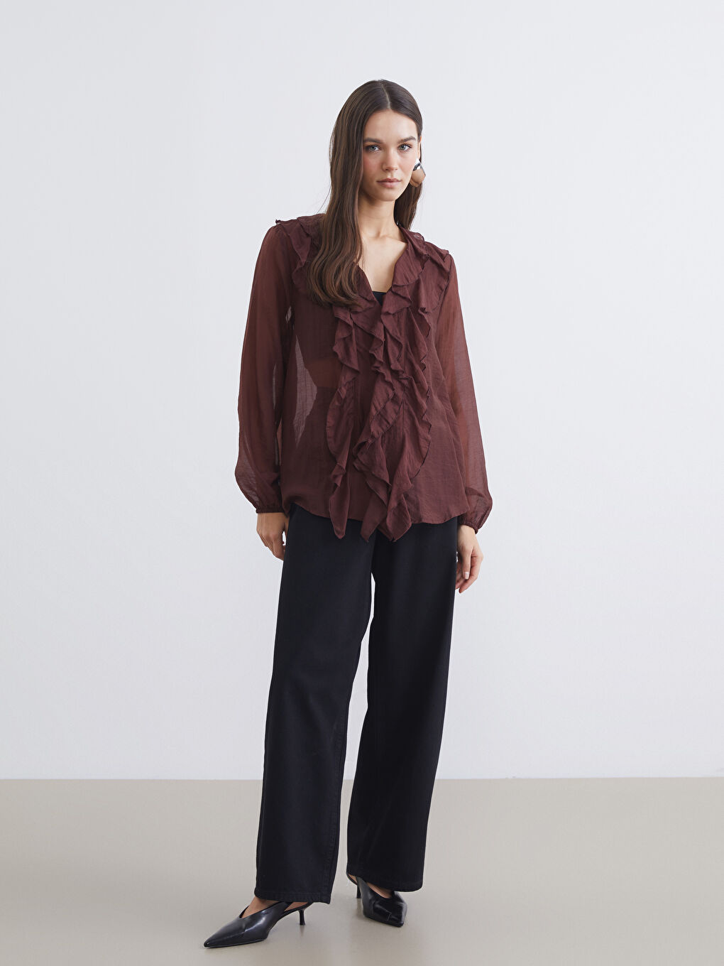V Neck Frilled Chiffon Blouse-1