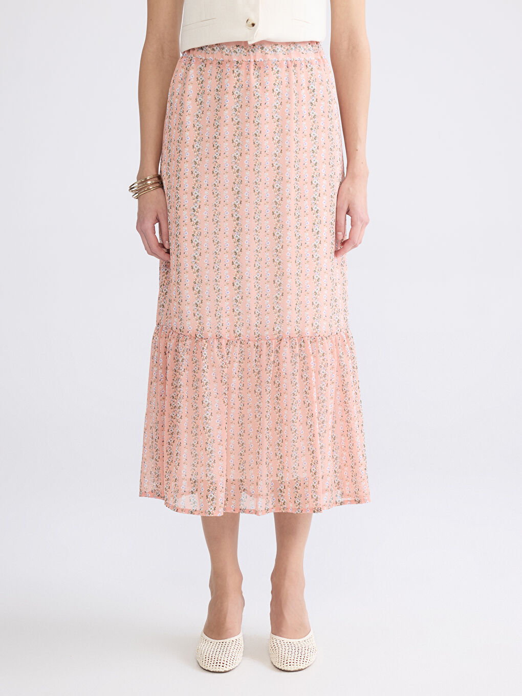 Pembe Beli Lastikli Çiçekli Katkat Şifon Etek-1