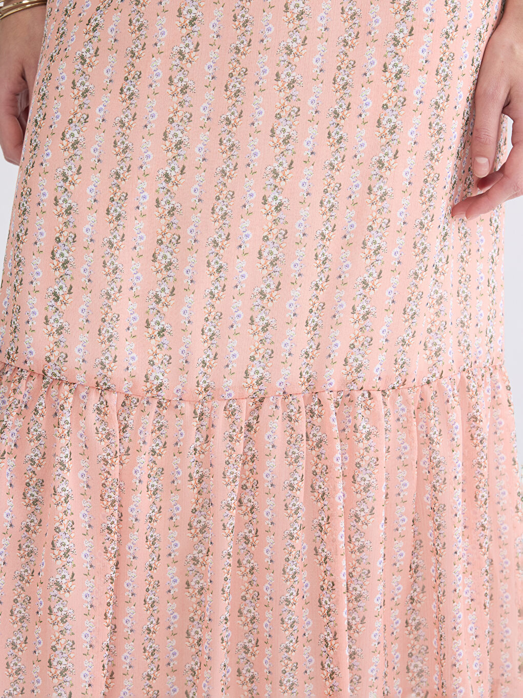 Pembe Beli Lastikli Çiçekli Katkat Şifon Etek-2