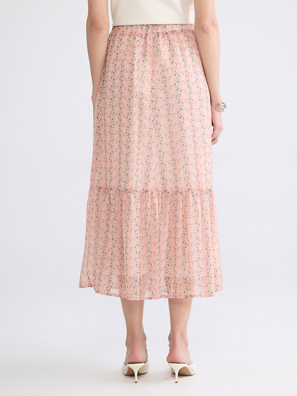 Pembe Beli Lastikli Çiçekli Katkat Şifon Etek-3