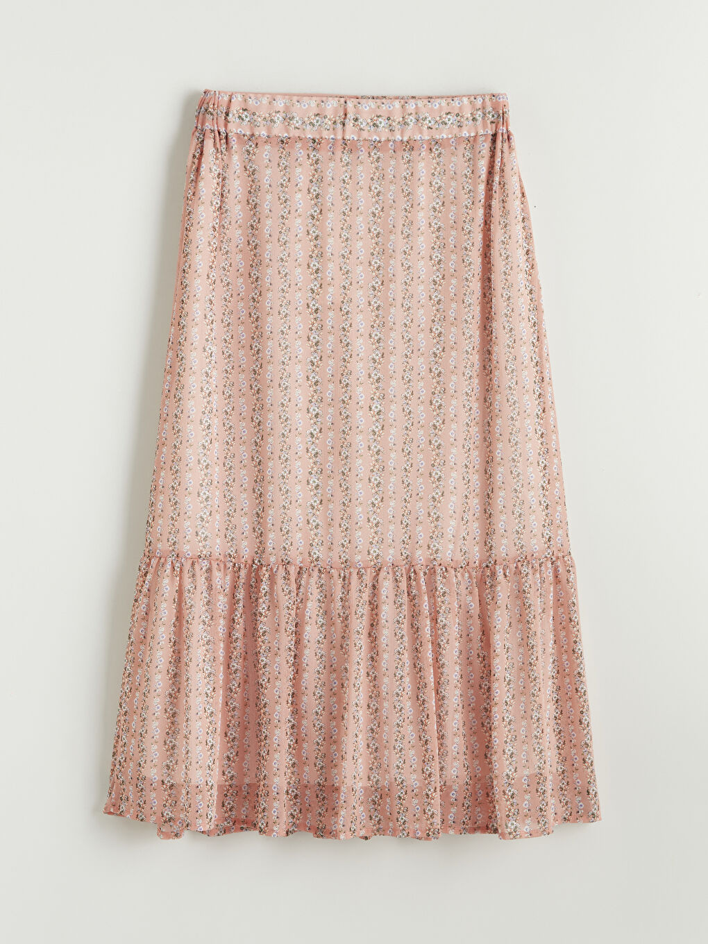 Pembe Beli Lastikli Çiçekli Katkat Şifon Etek-4