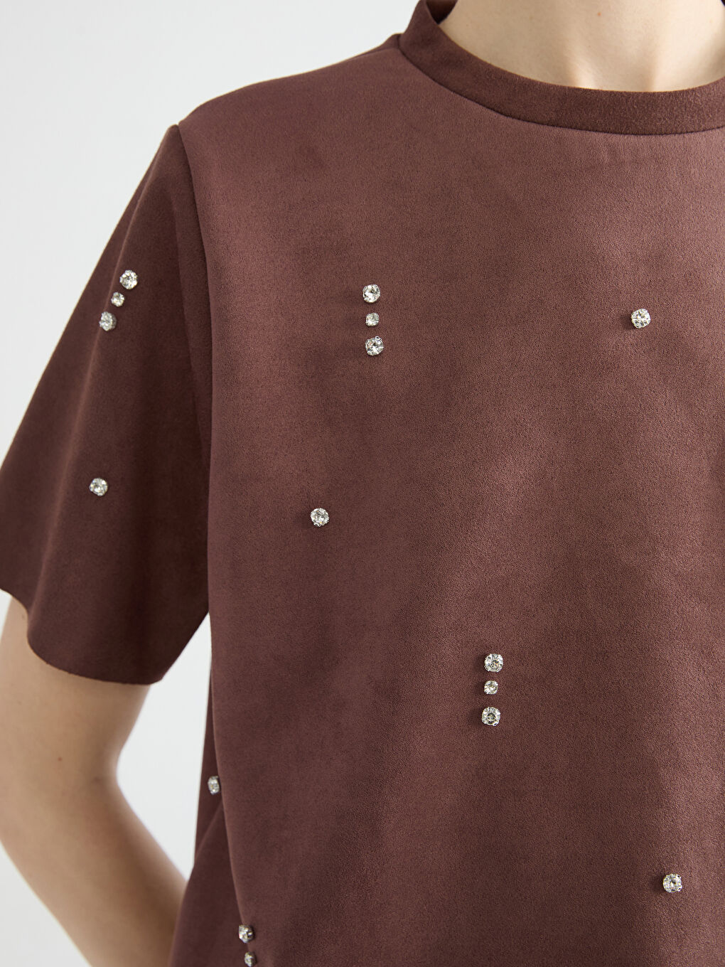 Kahverengi Bisiklet Yaka Taşlı Süet Görünümlü Bluz-2