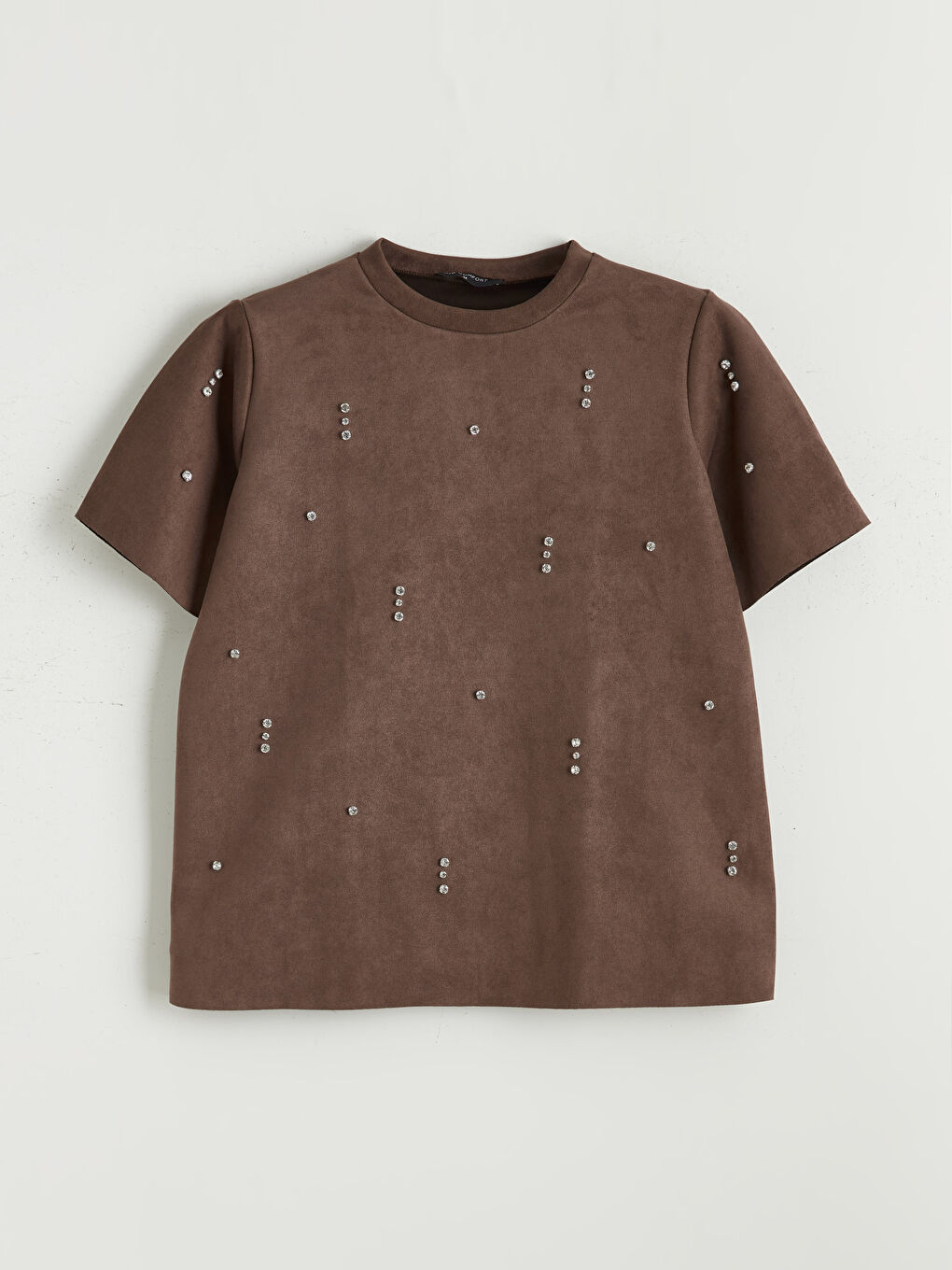 Kahverengi Bisiklet Yaka Taşlı Süet Görünümlü Bluz-4