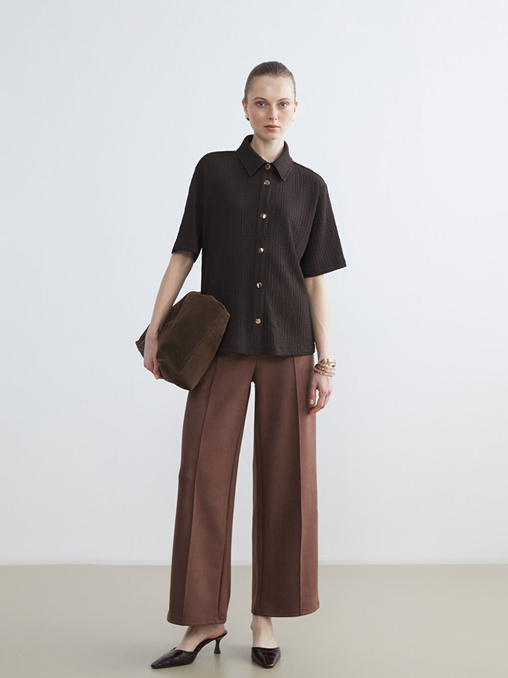 Kahverengi Loose Fit Kadın Süet Görünümlü Pantolon