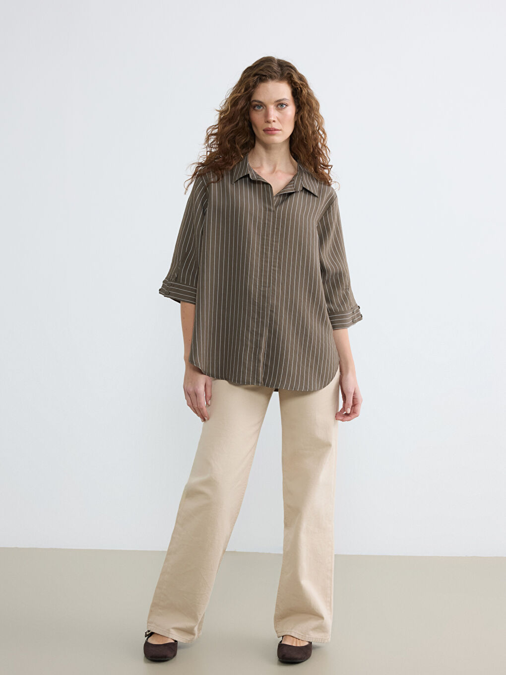 Haki Çizgili Kadın Gömlek-1