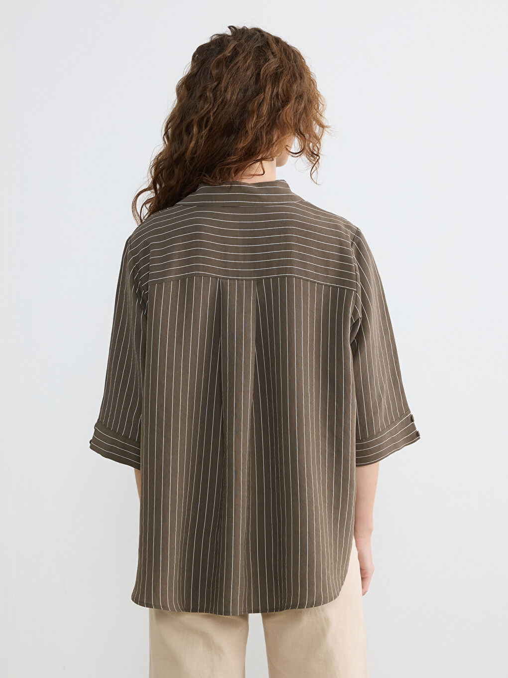 Haki Çizgili Kadın Gömlek-3