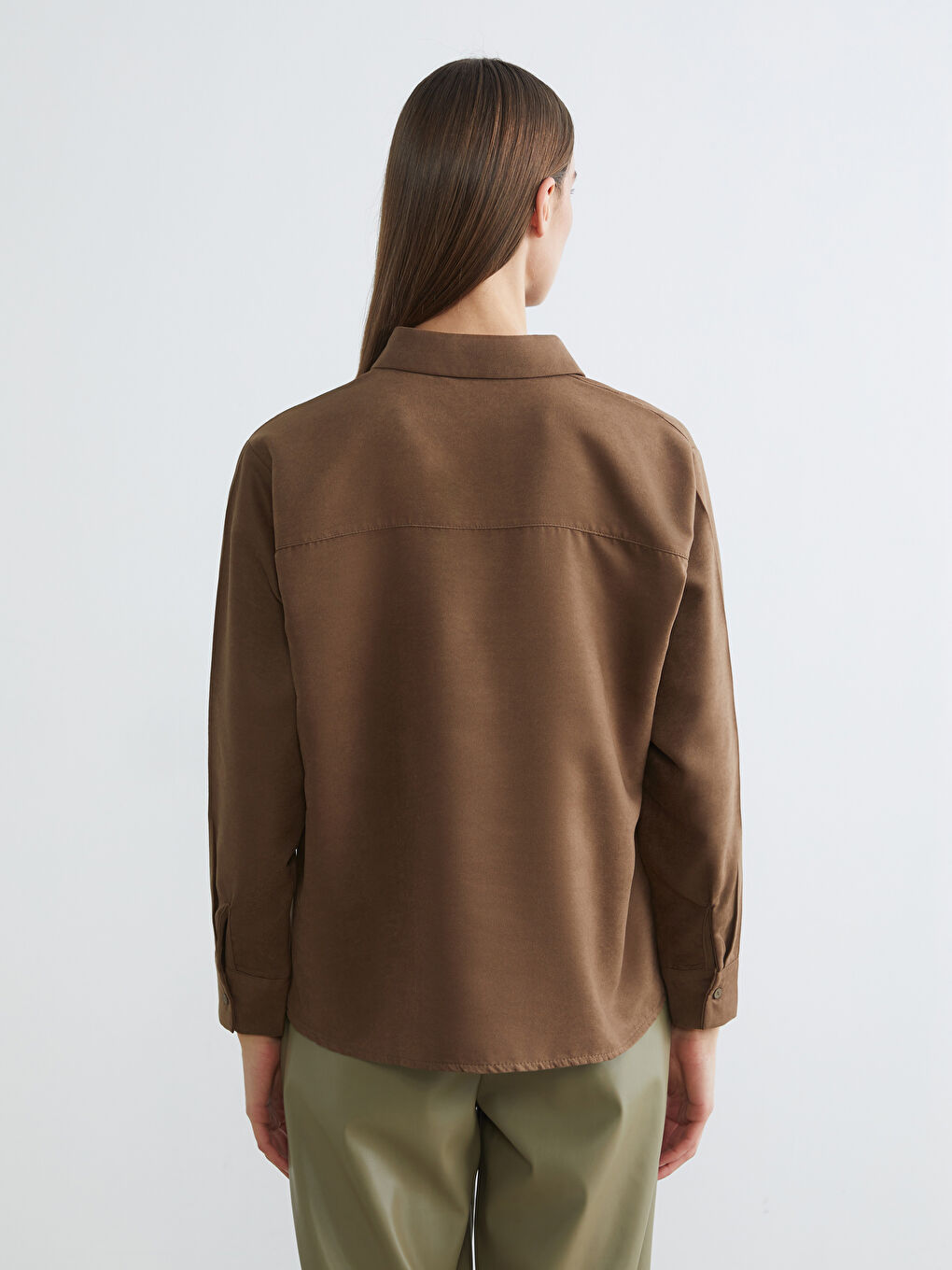Kahverengi Kadın Süet Görünümlü Gömlek-3