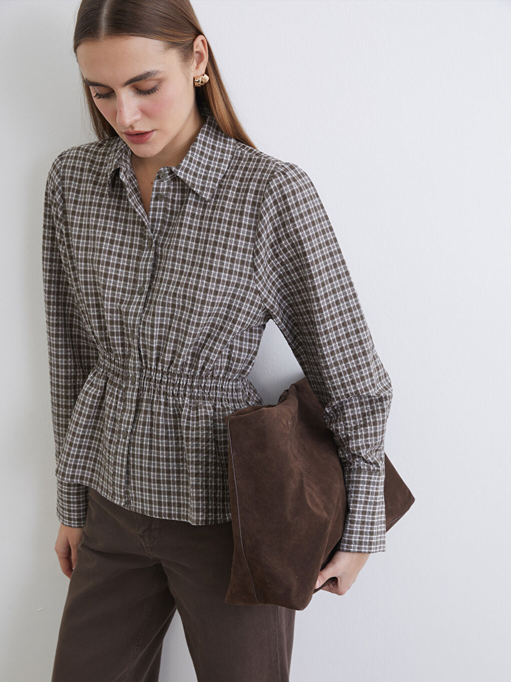 قميص كاروهات للستات بخصر مجمع-2