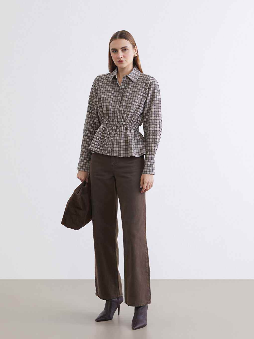 قميص كاروهات للستات بخصر مجمع-3