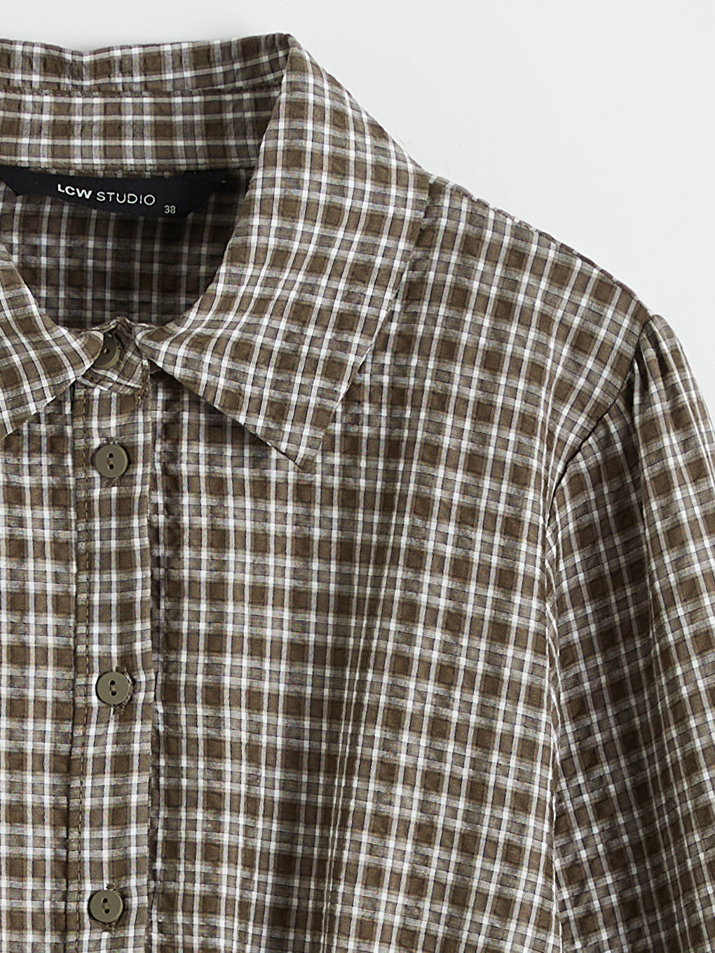 Yeşil Beli Büzgülü Ekose Kadın Gömlek-1