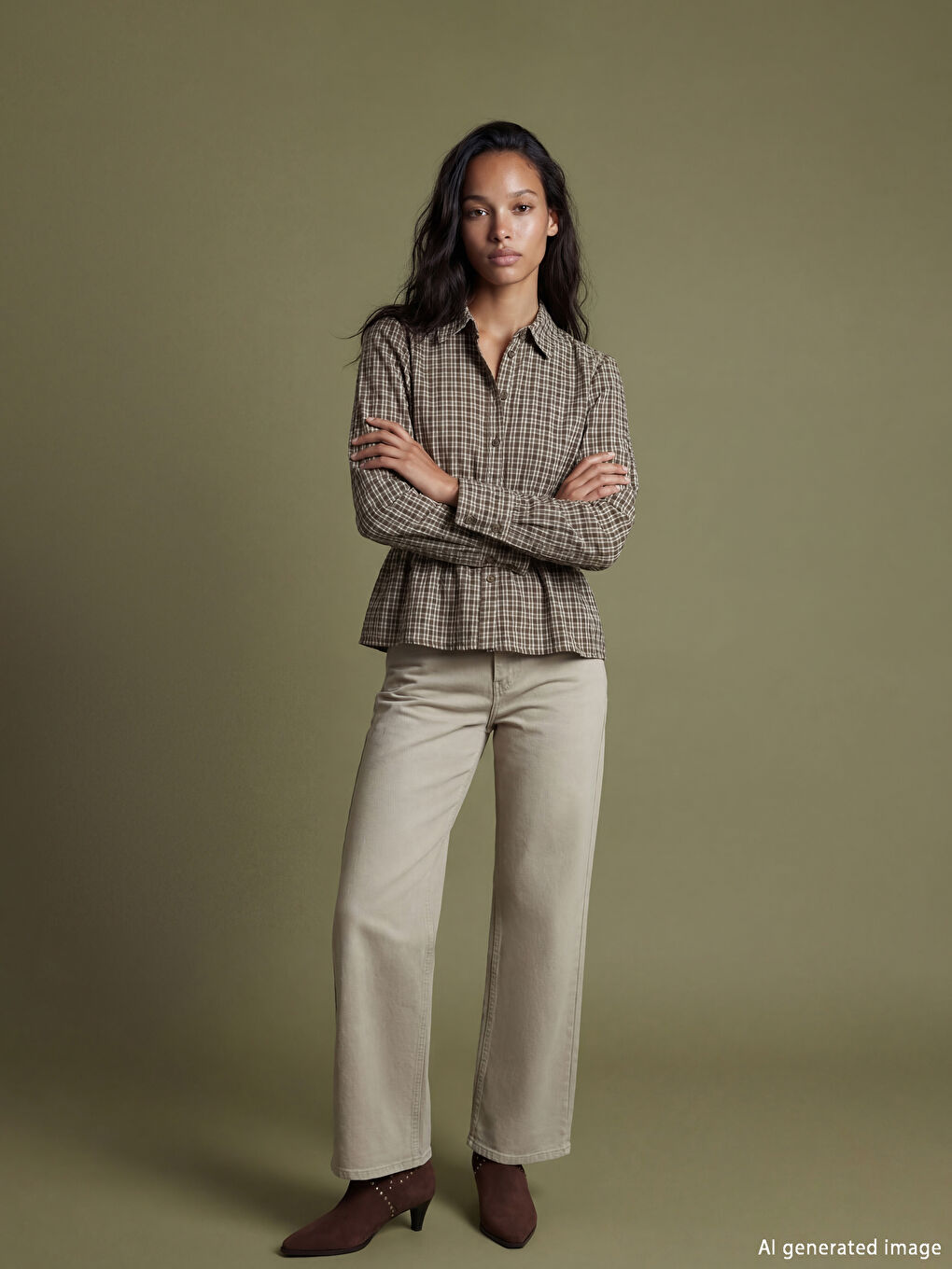 Дамска риза с пристегната талия и кариран десен-1